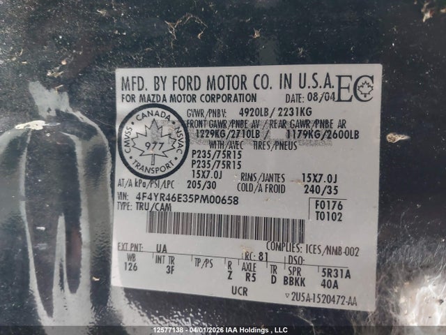 Aukcja sprzedaży 2005 Mazda B-series, vin: 4F4YR46E35PM00658, numer aukcji: 12577138