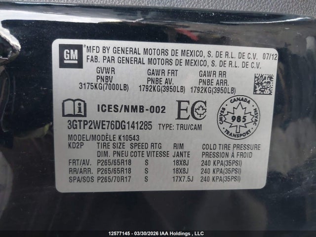 Продаж на аукціоні авто 2013 Gmc Sierra K1500 Slt, vin: 3GTP2WE76DG141285, номер лоту: 12577145