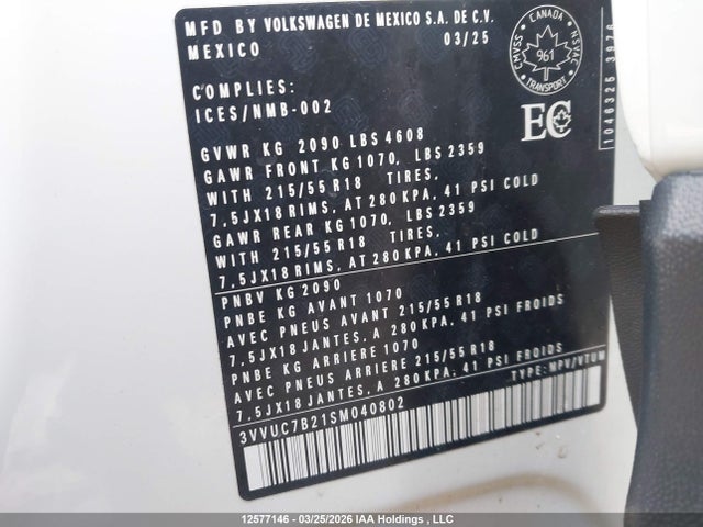 12577146 :رقم المزاد ، 3VVUC7B21SM040802 vin ، 2025 Volkswagen Taos Se مزاد بيع