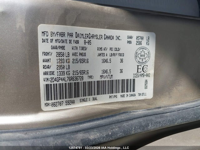 Aukcja sprzedaży 2006 Dodge Grand Caravan Sxt, vin: 2D4GP44L76R636728, numer aukcji: 12574781