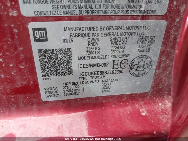 12577161 :رقم المزاد ، 1GCUKEE88SZ193360 vin ، 2025 Chevrolet Silverado 1500 4wd Rst مزاد بيع