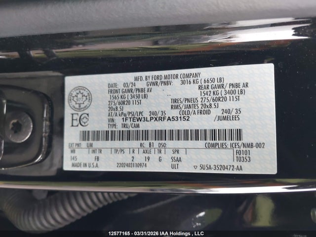 2024 Ford F-150 მანქანა იყიდება აუქციონზე, vin: 1FTEW3LPXRFA53152, აუქციონის ნომერი: 12577165