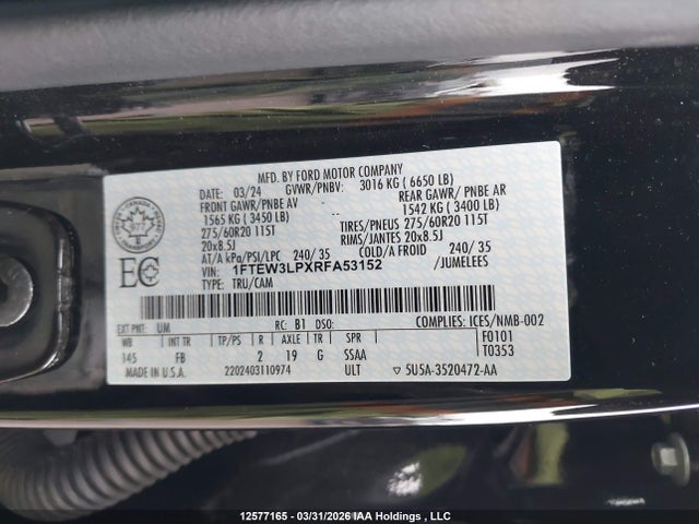 2024 Ford F-150 მანქანა იყიდება აუქციონზე, vin: 1FTEW3LPXRFA53152, აუქციონის ნომერი: 12577165