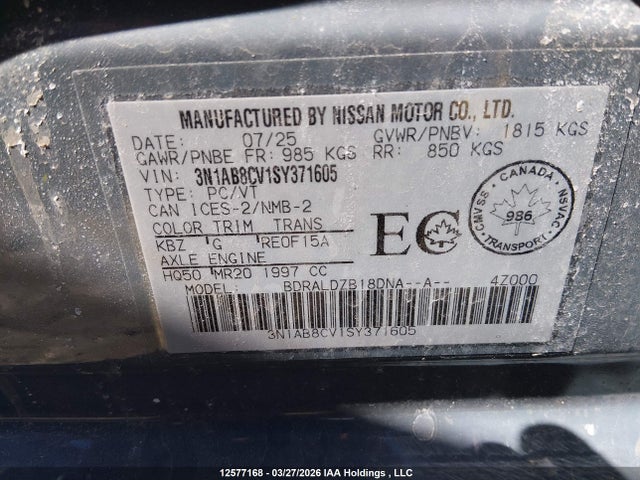 3N1AB8CV1SY371605 Nissan SENTRA SV