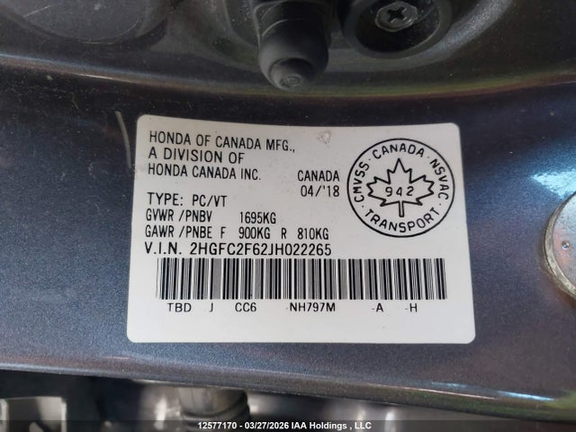 Продаж на аукціоні авто 2018 Honda Civic Se, vin: 2HGFC2F62JH022265, номер лоту: 12577170