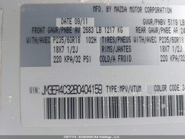 Aukcja sprzedaży 2011 Mazda Cx-7, vin: JM3ER4C32B0404159, numer aukcji: 12577174