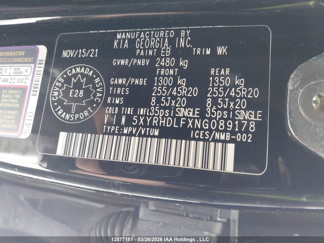 2022 Kia Sorento 2.5t Ex/2.5t Ex+ მანქანა იყიდება აუქციონზე, vin: 5XYRHDLFXNG089178, აუქციონის ნომერი: 12577181