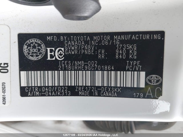2T1BURHE9GC701864 Toyota Corolla L/le/le Pls/prm/s/s Pls