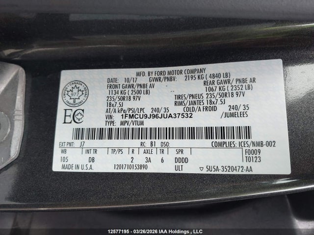 Продажа на аукционе авто 2018 Ford Escape Titanium, vin: 1FMCU9J96JUA37532, номер лота: 12577195