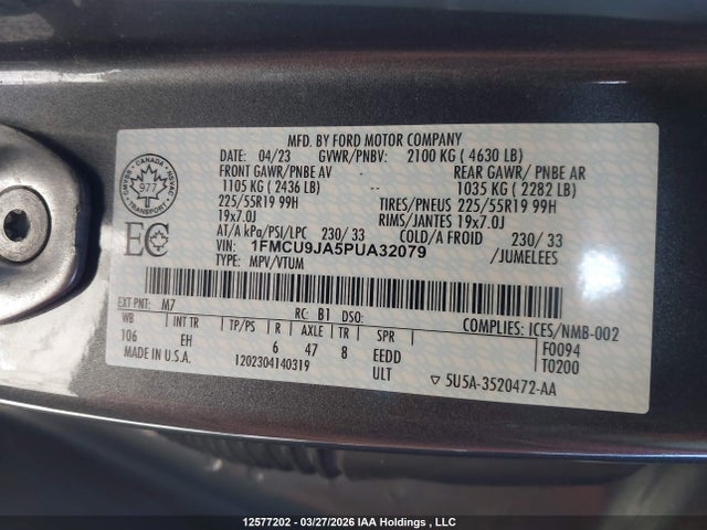 Aukcja sprzedaży 2023 Ford Escape Platinum, vin: 1FMCU9JA5PUA32079, numer aukcji: 12577202