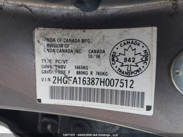 Aukcja sprzedaży 2007 Honda Civic Dx, vin: 2HGFA16387H007512, numer aukcji: 12577237