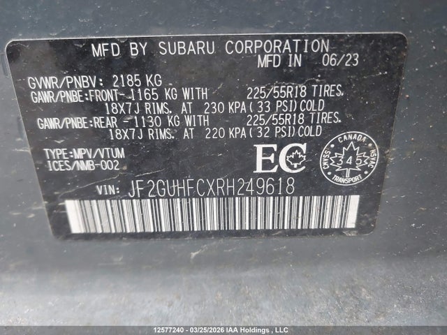 Aukcja sprzedaży 2024 Subaru Crosstrek Sport, vin: JF2GUHFCXRH249618, numer aukcji: 12577240