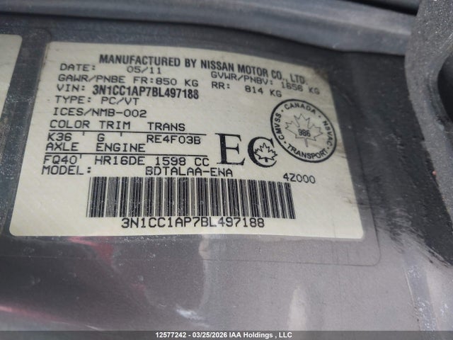 2011 Nissan Versa S/sl მანქანა იყიდება აუქციონზე, vin: 3N1CC1AP7BL497188, აუქციონის ნომერი: 12577242