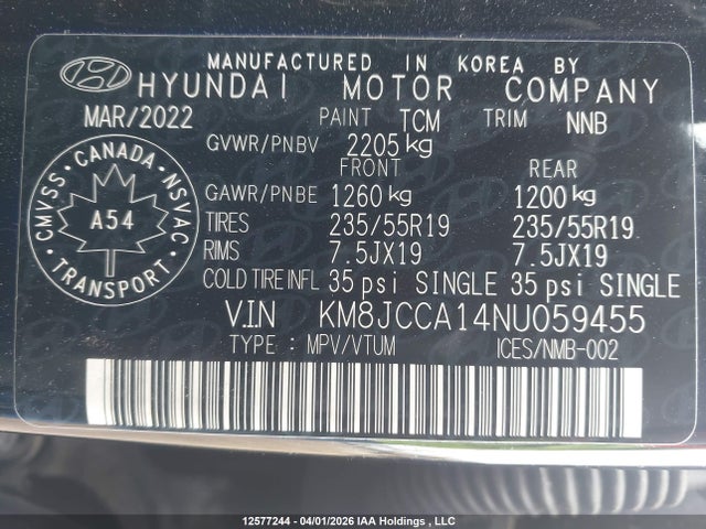 KM8JCCA14NU059455 Hyundai Tucson Luxury Hybrid Awd