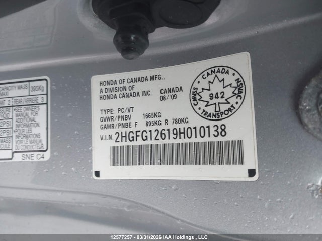 2009 Honda Civic მანქანა იყიდება აუქციონზე, vin: 2HGFG12619H010138, აუქციონის ნომერი: 12577257