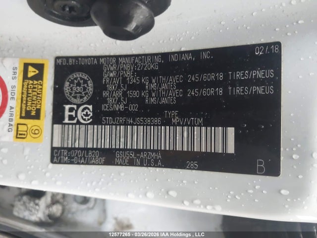 5TDJZRFH4JS538386 Toyota Highlander Se/xle