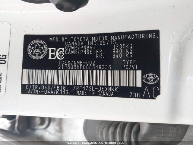 2T1BURHE0GC518336 Toyota Corolla L/le/le Pls/prm/s/s Pls