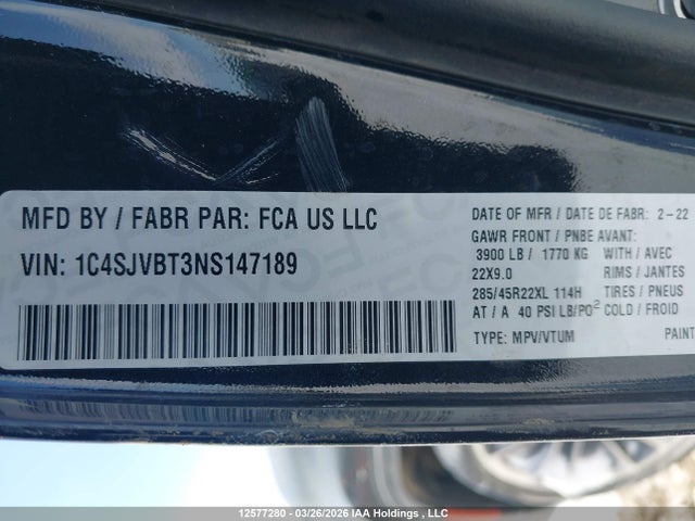 2022 Jeep Wagoneer Series Ii მანქანა იყიდება აუქციონზე, vin: 1C4SJVBT3NS147189, აუქციონის ნომერი: 12577280