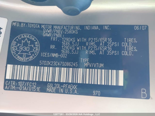 12577281 :رقم المزاد ، 5TDZK23C47S086245 vin ، 2007 Toyota Sienna Ce/le مزاد بيع