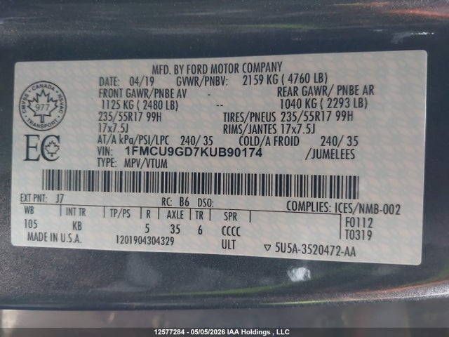 Продажа на аукционе авто 2019 Ford Escape Se, vin: 1FMCU9GD7KUB90174, номер лота: 12577284