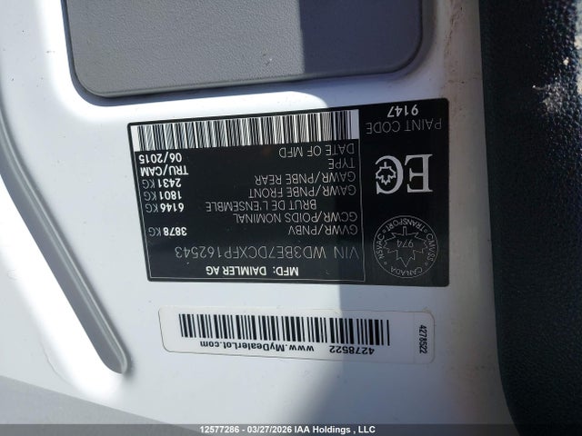 2015 Mercedes-benz Sprinter 2500 მანქანა იყიდება აუქციონზე, vin: WD3BE7DCXFP162543, აუქციონის ნომერი: 12577286