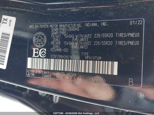 5TDFZRBH2NS187589 Toyota Highlander Platinum