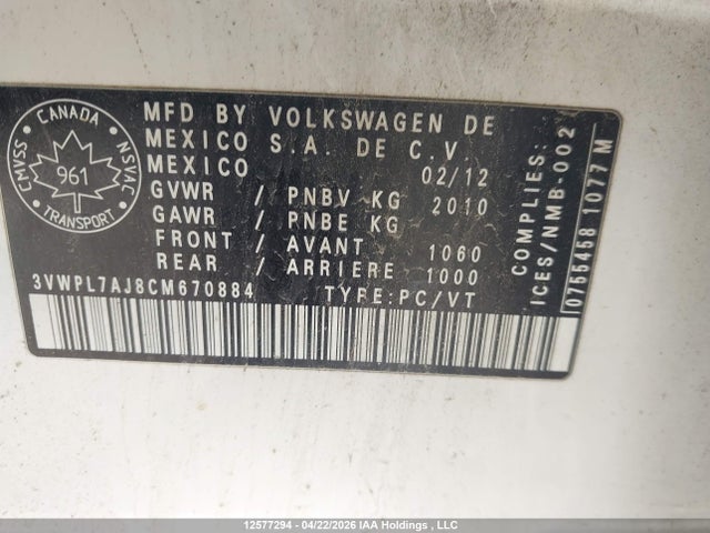 Aukcja sprzedaży 2012 Volkswagen Golf 2.0 Tdi Highline/comfortline, vin: 3VWPL7AJ8CM670884, numer aukcji: 12577294