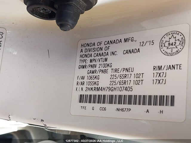Продажа на аукционе авто 2016 Honda Cr-v Exl, vin: 2HKRM4H79GH107405, номер лота: 12577302