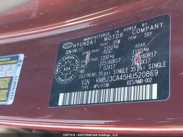 KM8J3CA45HU520869 Hyundai Tucson Limited/sport And Eco/se