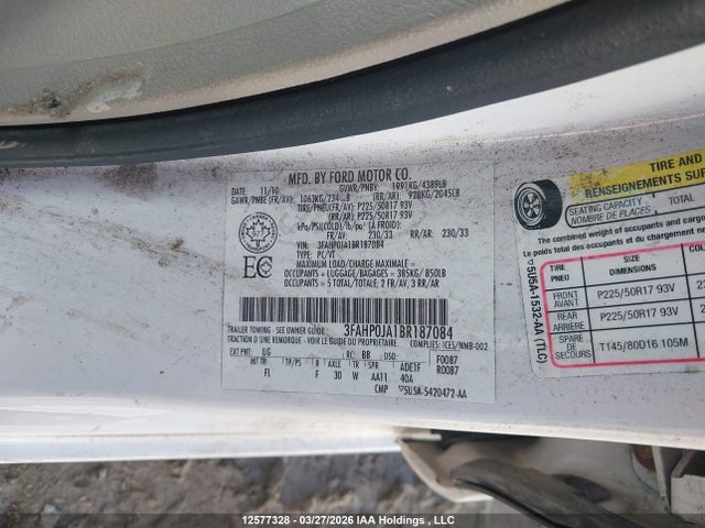2011 Ford Fusion Sel მანქანა იყიდება აუქციონზე, vin: 3FAHP0JA1BR187084, აუქციონის ნომერი: 12577328