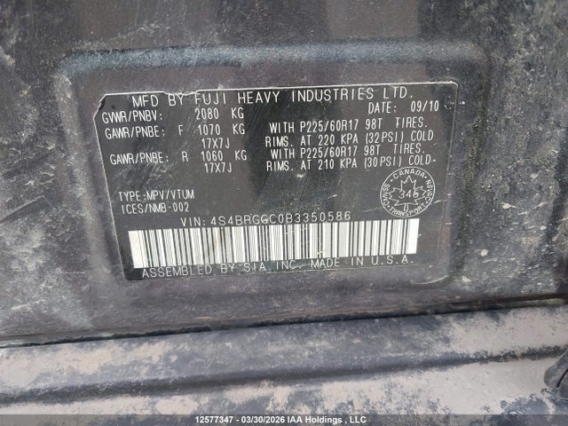12577347 :رقم المزاد ، 4S4BRGGC0B3350586 vin ، 2011 Subaru Outback 2.5 I Limited Package مزاد بيع