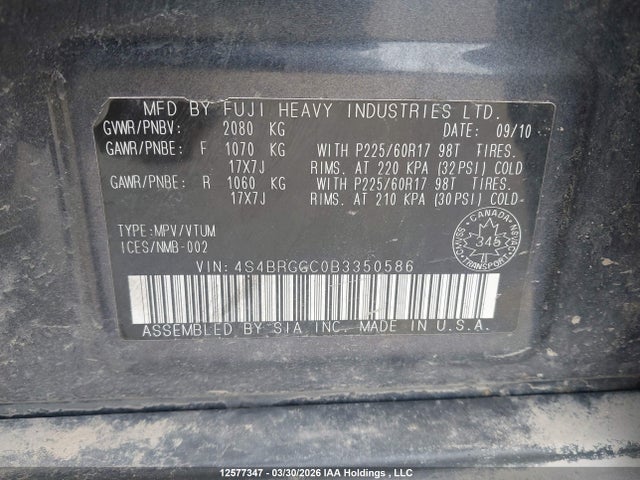 12577347 :رقم المزاد ، 4S4BRGGC0B3350586 vin ، 2011 Subaru Outback 2.5 I Limited Package مزاد بيع