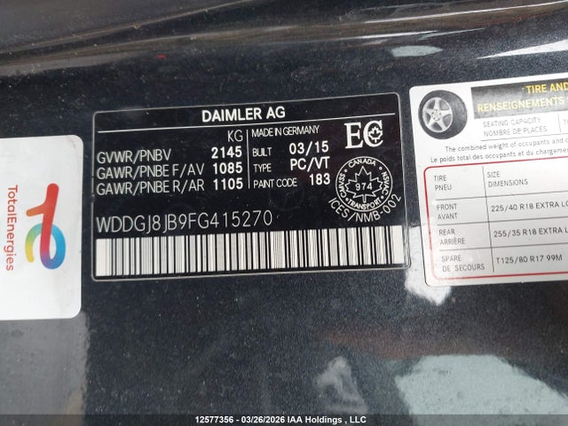 12577356 :رقم المزاد ، WDDGJ8JB9FG415270 vin ، 2015 Mercedes-benz C 350 4matic مزاد بيع