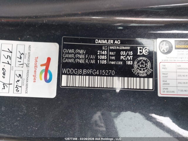12577356 :رقم المزاد ، WDDGJ8JB9FG415270 vin ، 2015 Mercedes-benz C 350 4matic مزاد بيع