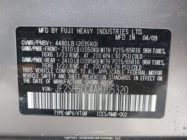 Продаж на аукціоні авто 2010 Subaru Forester, vin: JF2SH6CC4AH705320, номер лоту: 12577373