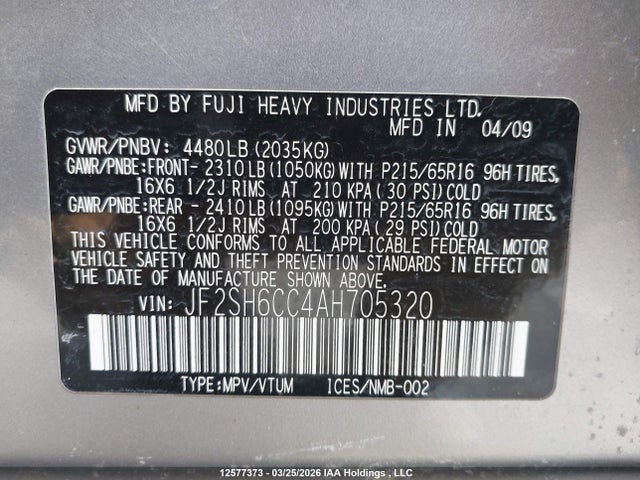 Продаж на аукціоні авто 2010 Subaru Forester, vin: JF2SH6CC4AH705320, номер лоту: 12577373