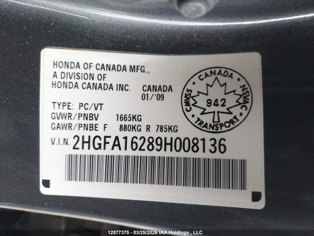 Продаж на аукціоні авто 2009 Honda Civic Dx/dx-a, vin: 2HGFA16289H008136, номер лоту: 12577375