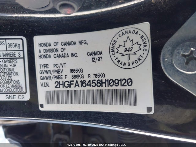 12577395 :رقم المزاد ، 2HGFA16458H109120 vin ، 2008 Honda Civic Dx-g مزاد بيع