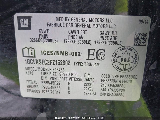Продаж на аукціоні авто 2015 Chevrolet Silverado K1500 Ltz, vin: 1GCVKSEC2FZ152302, номер лоту: 12577407