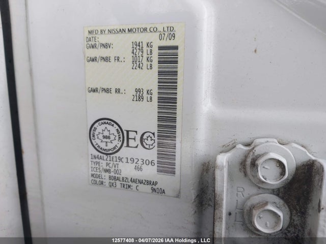 12577408 :رقم المزاد ، 1N4AL21E19C192306 vin ، 2009 Nissan Altima مزاد بيع