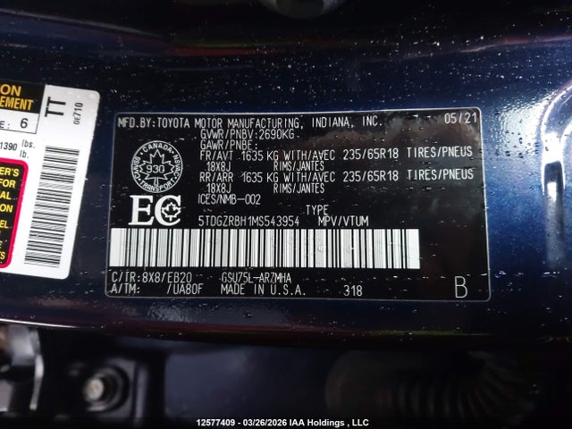 5TDGZRBH1MS543954 Toyota Highlander Xle