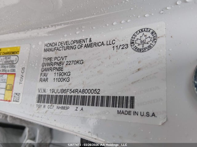 12577473 :رقم المزاد ، 19UUB6F54RA800052 vin ، 2024 Acura Tlx A-spec مزاد بيع