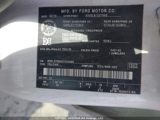 Aukcja sprzedaży 2010 Ford Transit Connect, vin: NM0LS7DN0AT034569, numer aukcji: 12577531