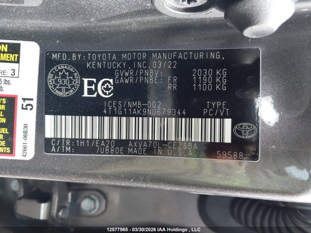 Toyota CAMRY SE 2022 4T1G11AK9NU679344 Image 9