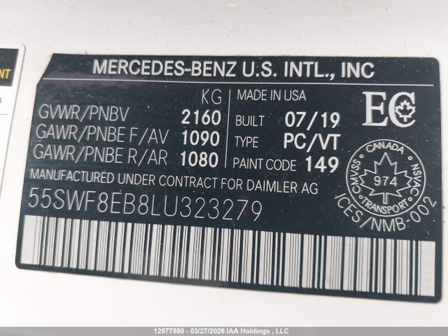 Aukcja sprzedaży 2020 Mercedes-benz C 300 4matic, vin: 55SWF8EB8LU323279, numer aukcji: 12577580