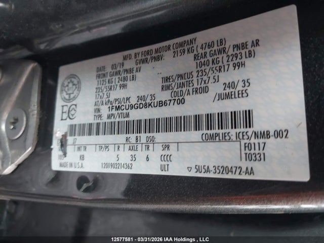2019 Ford Escape Se მანქანა იყიდება აუქციონზე, vin: 1FMCU9GD8KUB67700, აუქციონის ნომერი: 12577581