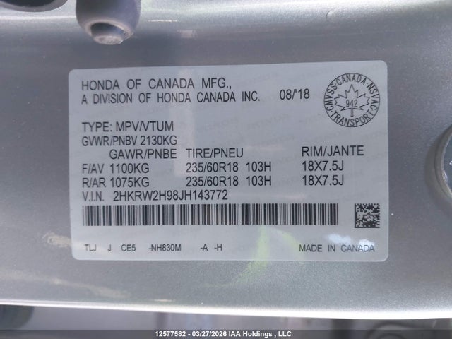 2HKRW2H98JH143772 Honda Cr-v Touring