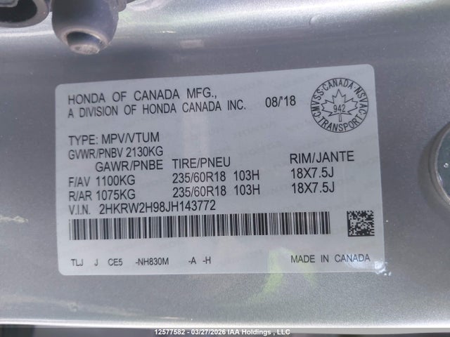 2HKRW2H98JH143772 Honda Cr-v Touring