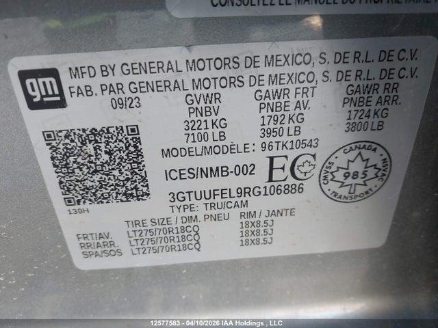 2024 Gmc Sierra 1500 At4x მანქანა იყიდება აუქციონზე, vin: 3GTUUFEL9RG106886, აუქციონის ნომერი: 12577583