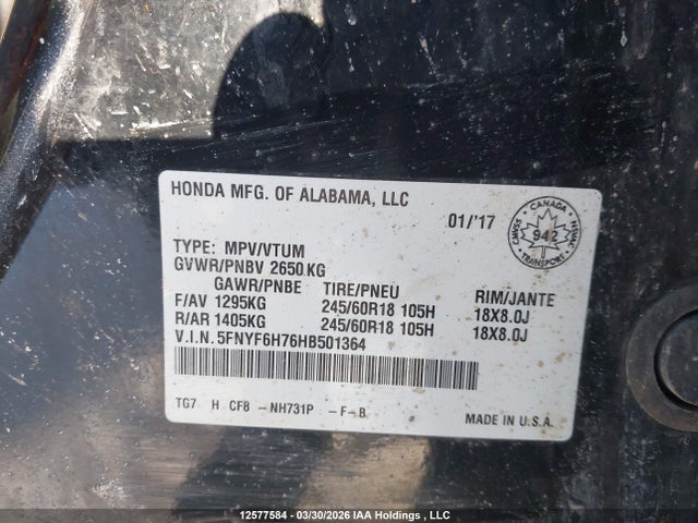 5FNYF6H76HB501364 Honda Pilot Ex-l Navi